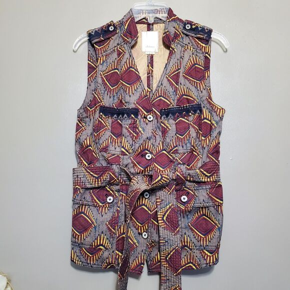Anthropologie Elevenses Geo Safari Vest Women Size Small Utility Pockets Belt - Picture 2 of 12